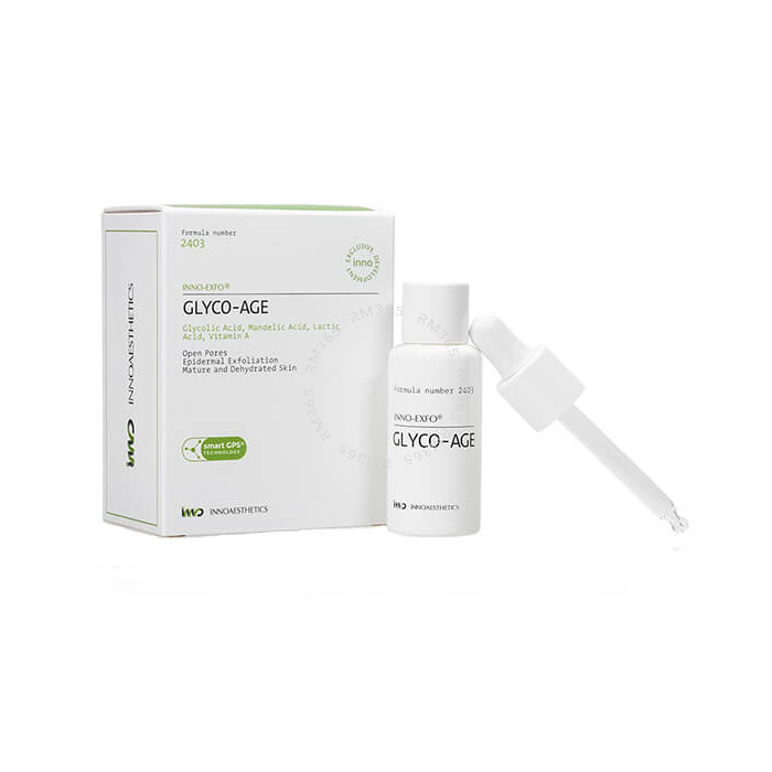 GLYCO-AGE 30 ml INNOAESTHETICS pour une exfoliation épidermique contrôlée. Améliore les hydrations et réduit les pores ouverts. INNO EXFO. PEELING MEDICAL. USAGE PROFESSIONNEL.